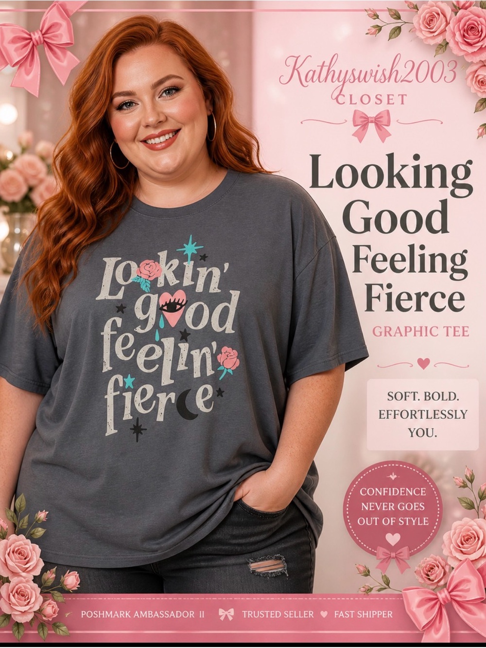 Torrid Gray Pink Graphic “Looking Good Feeling Fierce “ Short Sleeve T-S…